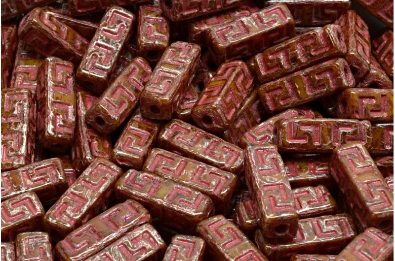 Celtic Block Beads, Beige Picasso Red Lined (11111-43400-54310), Glass, Czech Republic