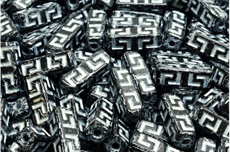 Celtic Block Beads, Black Silver Lined (23980-54301), Glass, Czech Republic