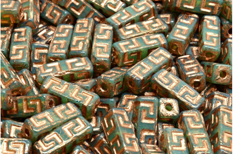 Celtic Block Beads, Opal Green Terracotta Violet Copper Lined (51000-15496-54318), Glass, Czech Republic