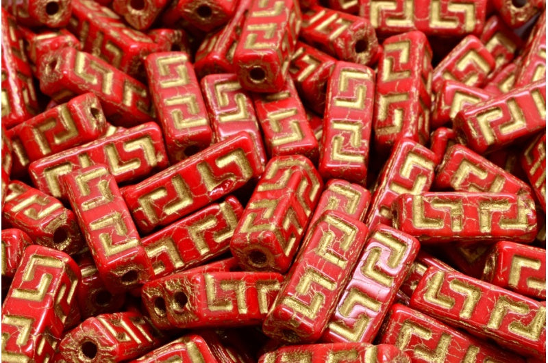 Celtic Block Beads, Opaque Red Gold Lined (93200-54302), Glass, Czech Republic