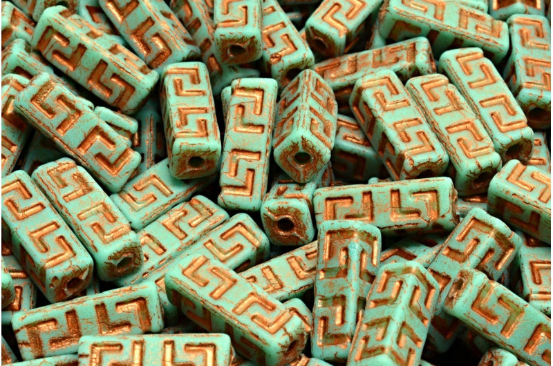 Celtic Block Beads, Turquoise Matte Copper Lined (63130-84100-54319), Glass, Czech Republic