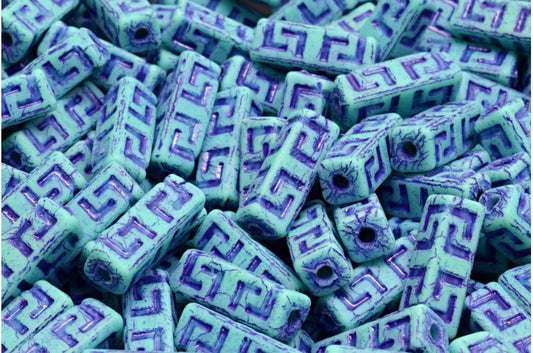 Celtic Block Beads, Turquoise Matte Blue Lined (63130-84100-54325), Glass, Czech Republic