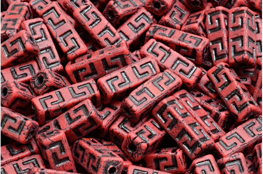 Celtic Block Beads, Opaque Red Matte Black Lined (93200-84100-54313), Glass, Czech Republic