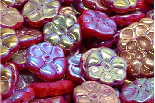 Primrose flower beads, Opaque Red Ab Full (2X Side) (93200-28703), Glass, Czech Republic