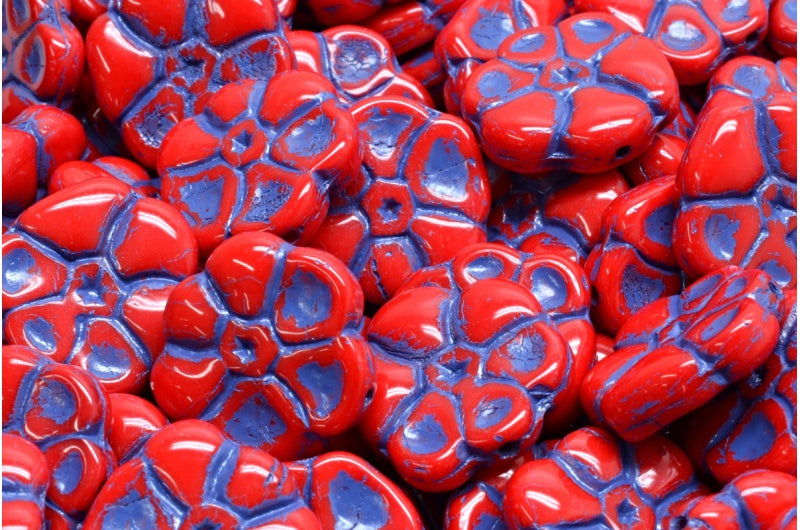 Primrose flower beads, Opaque Red Blue Lined (93200-54325), Glass, Czech Republic
