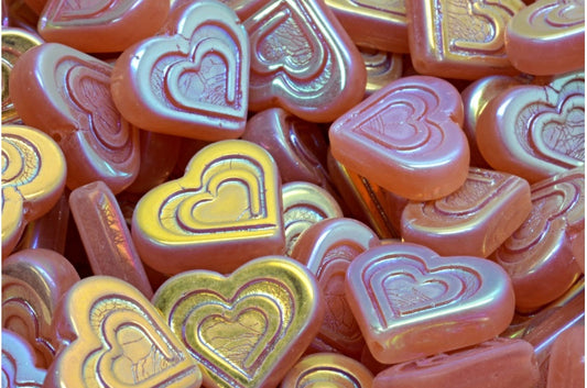 Heart In Heart Beads, Opal Pink Ab Full (2X Side) (71010-28703), Glass, Czech Republic
