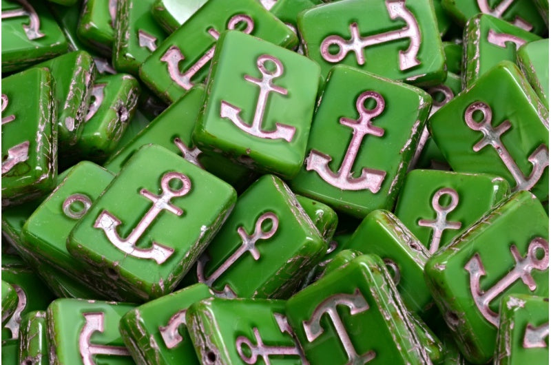 Table Cut Rectangle Beads with Anchor, Opaque Green Travertin 54321 (54020 86800 54321), Glass, Czech Republic