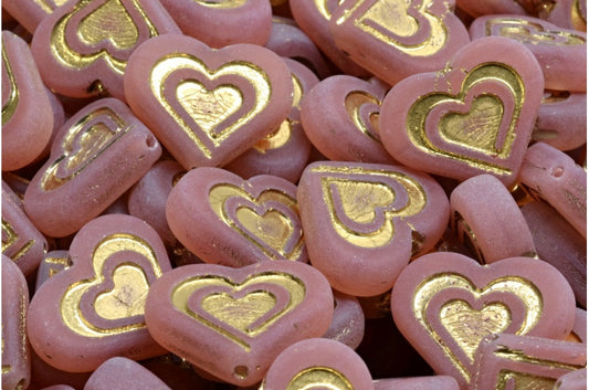 Heart In Heart Beads, Opal Pink Gold Matte (71010-26443-84100), Glass, Czech Republic