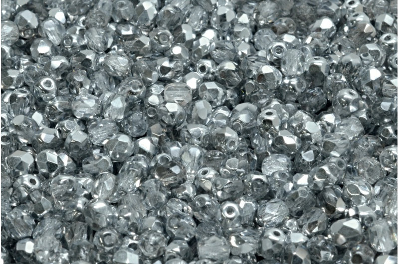 Fire Polish Faceted Round Beads, Crystal Crystal Silver Half Coating (00030-27001), Glass, Czech Republic