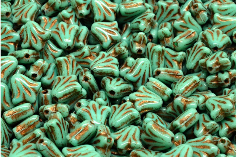 ユリの花のビーズ、ターコイズブロンズライン（63130-54317）、ガラス、チェコ共和国