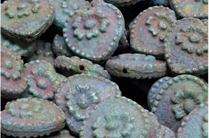 Heart Beads With Rose, Turquise Etched Nebula (63140-etch-15001), Glass, Czech Republic