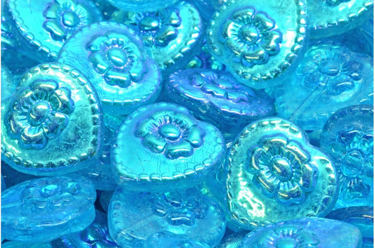 バラのハートビーズ、透明アクアAB（60010-28701）、ガラス、チェコ共和国