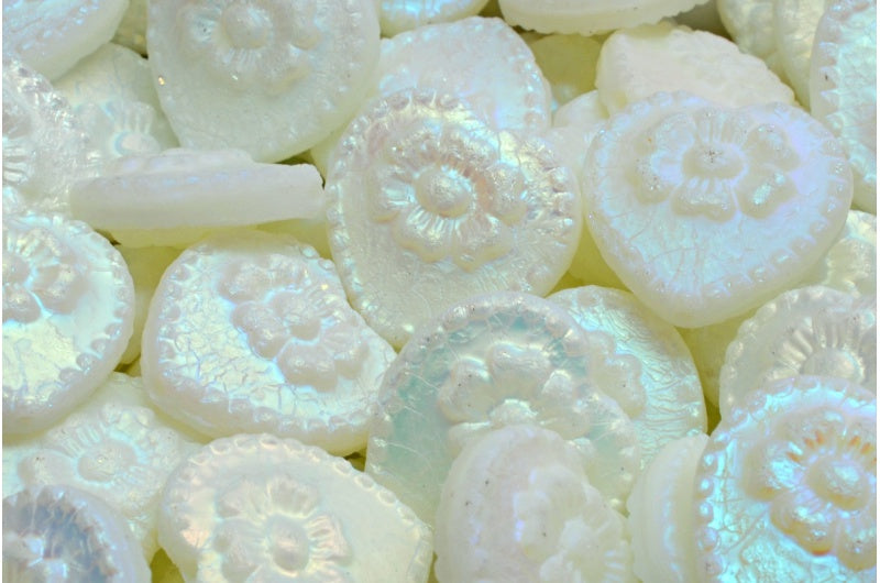 Heart Beads With Rose, Gray Etched Ab Full (2X Side) (83500-etch-28703), Glass, Czech Republic