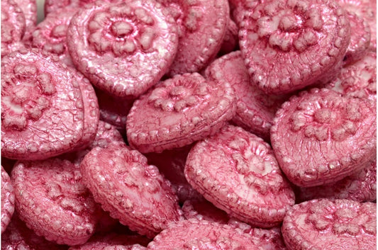 Heart Beads With Rose, Gray Etched Pink Lined (83500-etch-54321), Glass, Czech Republic