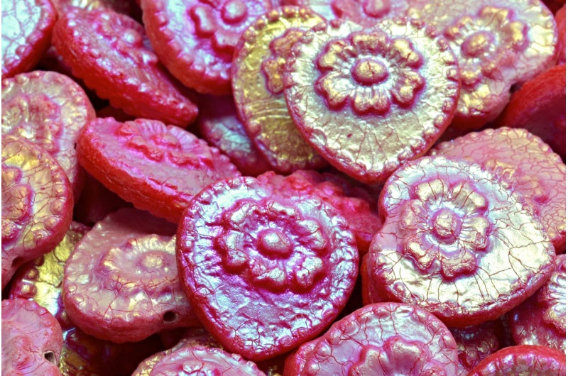 Heart Beads With Rose, Opaque Red Etched Ab Full (2X Side) (93200-etch-28703), Glass, Czech Republic