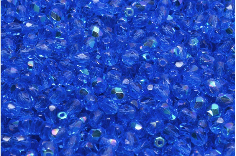 Fire Polished Faceted Beads Round, Transparent Blue Ab (30060-28701), Bohemia Crystal Glass, Czech Republic