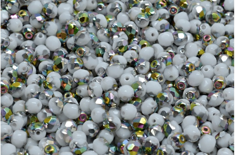 ファセット加工ラウンドビーズ、チョークホワイトクリスタル、ヴィトレイルミディアムコーティング（03000-28101）、ボヘミアクリスタルガラス、チェコ共和国