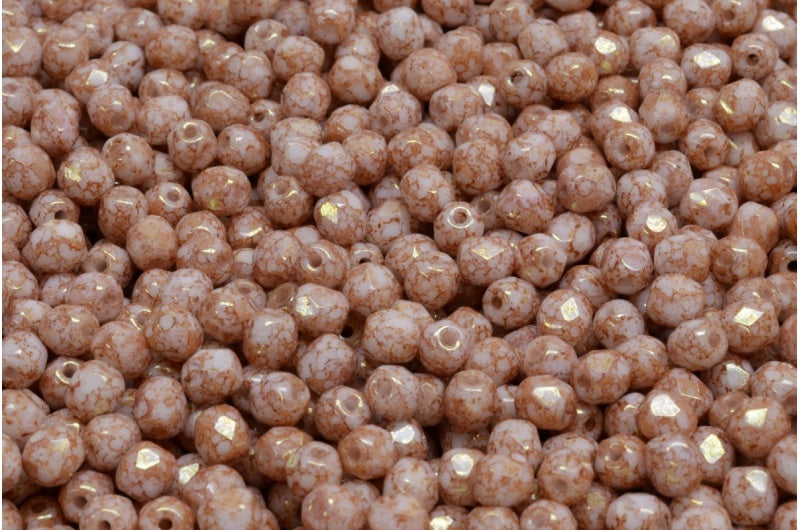 ファセット加工ラウンドビーズ、チョークホワイトテラコッタレッド（03000-15495）、ボヘミアクリスタルガラス、チェコ共和国