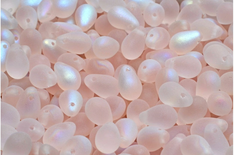 ドロップビーズ、透明ピンクマットAB（70100-84100-28701）、ガラス、チェコ共和国