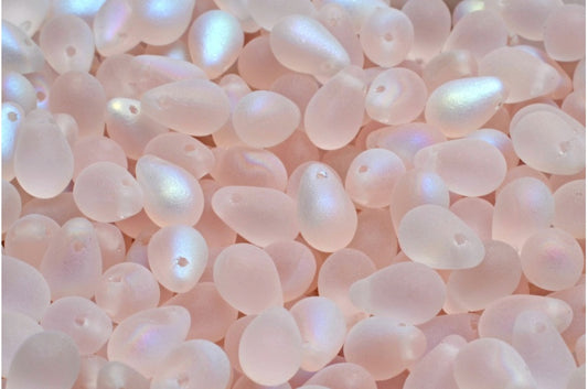 ドロップビーズ、透明ピンクマットAB（70100-84100-28701）、ガラス、チェコ共和国