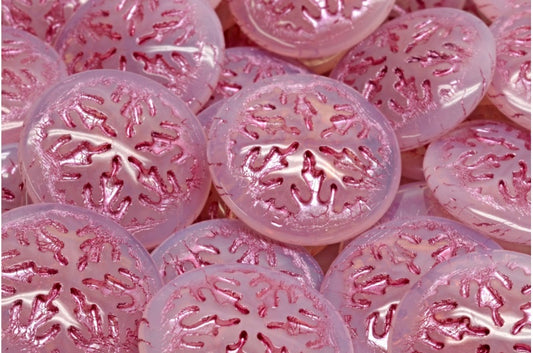 雪花凸圆形珠子，蛋白石粉色粉红色内衬 (71111-54321)，玻璃，捷克共和国