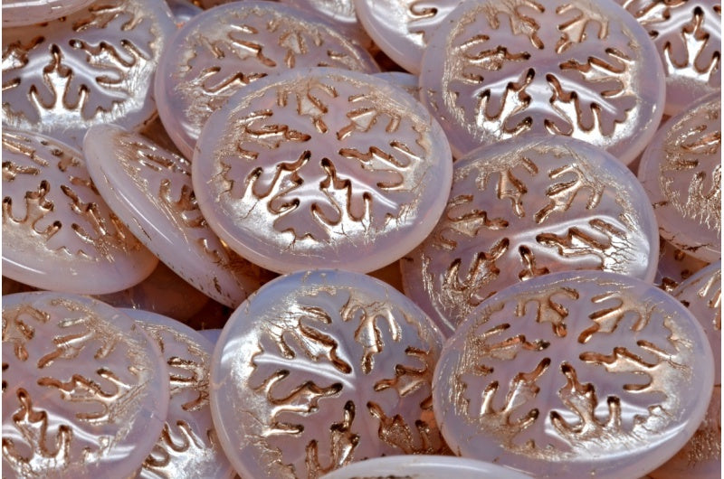 雪花凸圆形珠子，蛋白石粉色铜内衬 (71111-54324)，玻璃，捷克共和国