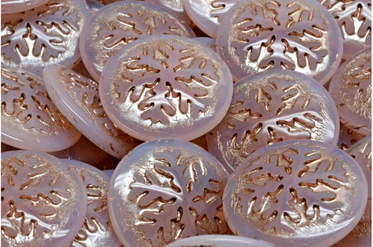 雪花凸圆形珠子，蛋白石粉色铜内衬 (71111-54324)，玻璃，捷克共和国