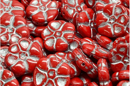 Primrose flower beads, Opaque Red Silver Lined (93200-54301), Glass, Czech Republic