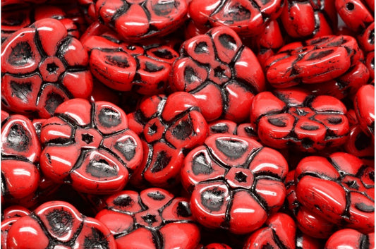 Primrose flower beads, Opaque Red Black Lined (93200-54313), Glass, Czech Republic