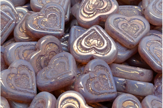 Heart In Heart Beads, Opal Pink Bronze (71010-14415), Glass, Czech Republic
