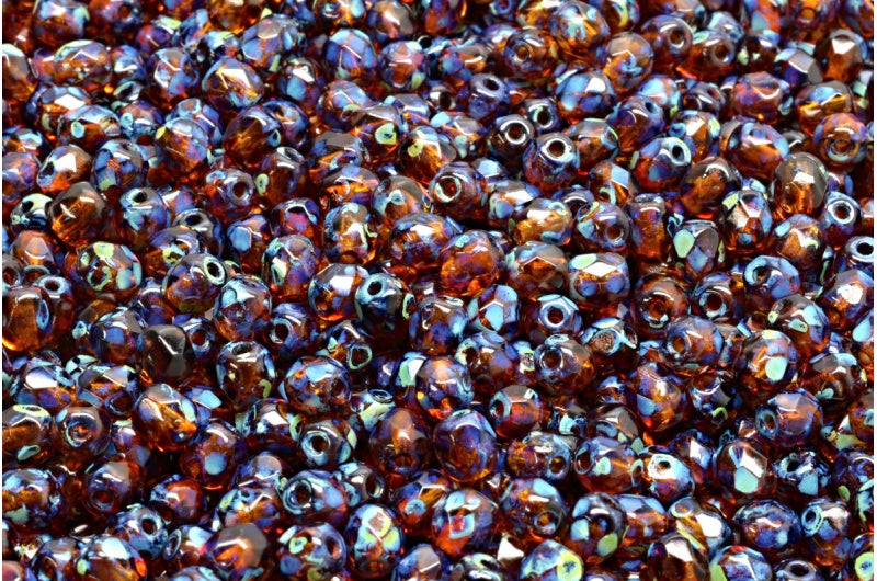 Fire Polished Faceted Beads Round, Transparent Orange Travertin (10060-86800), Bohemia Crystal Glass, Czech Republic
