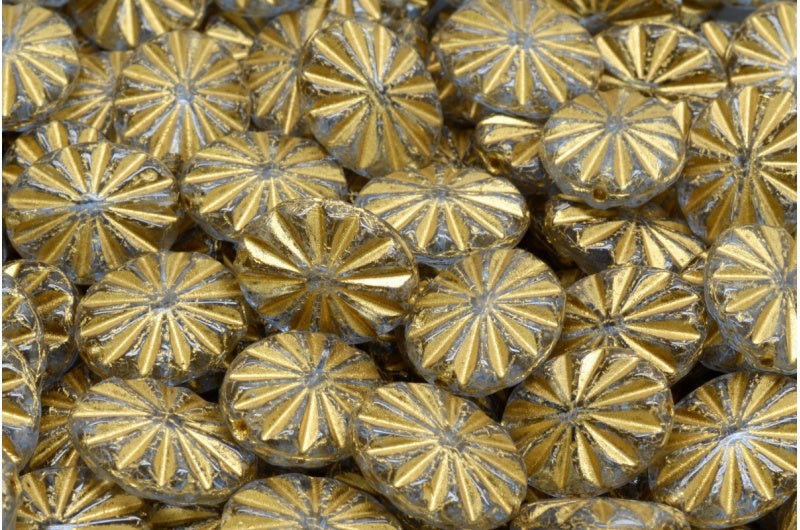 フラットオーバルビーズ、透明ライトアメジスト、ゴールドライン（20210-54202）、ガラス、チェコ共和国