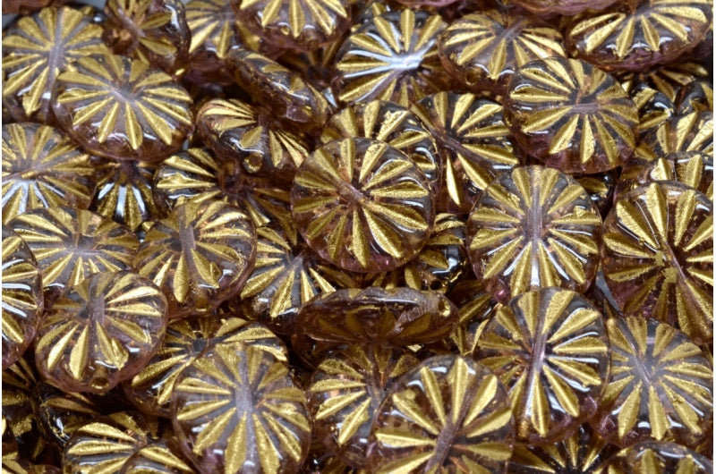 フラットオーバルビーズ、透明ライトアメジスト、ゴールドライン（20020-54202）、ガラス、チェコ共和国