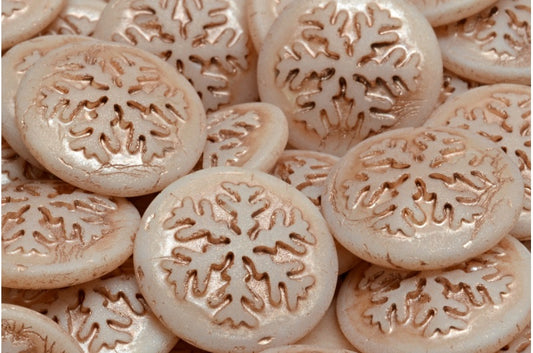 雪花凸圆形珠子，白色哑光铜内衬 (02010-84100-54324)，玻璃，捷克共和国