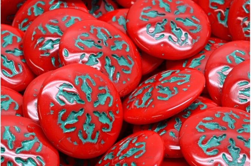 スノーフレークカボションビーズ、不透明レッドティールライン入り（93200-54316）、ガラス、チェコ共和国