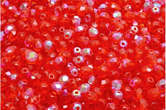 Faceted Fire Polished Round Beads, Transparent Orange Ab (90040-28701), Glass, Czech Republic