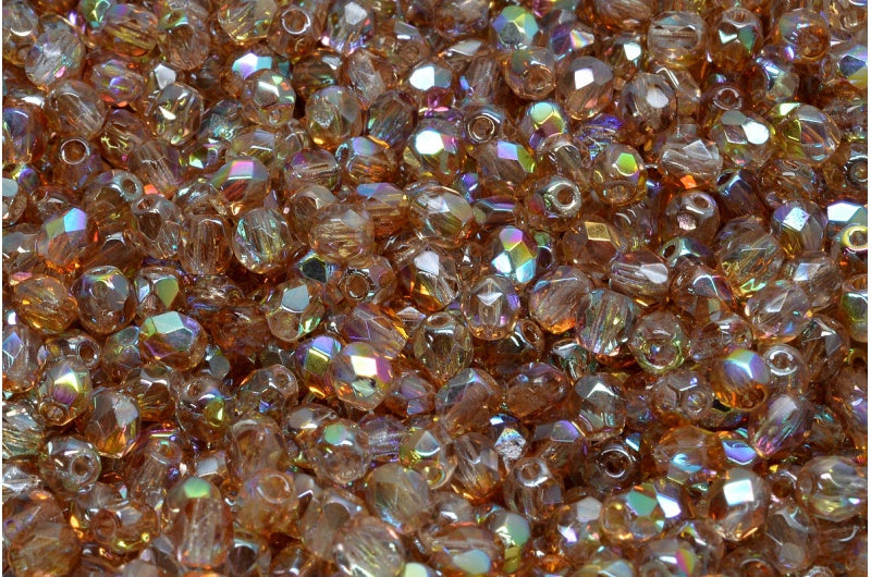 ファセット加工ラウンドビーズ、クリスタルトパーズコーティング（00030-98532）、ボヘミアクリスタルガラス、チェコ共和国