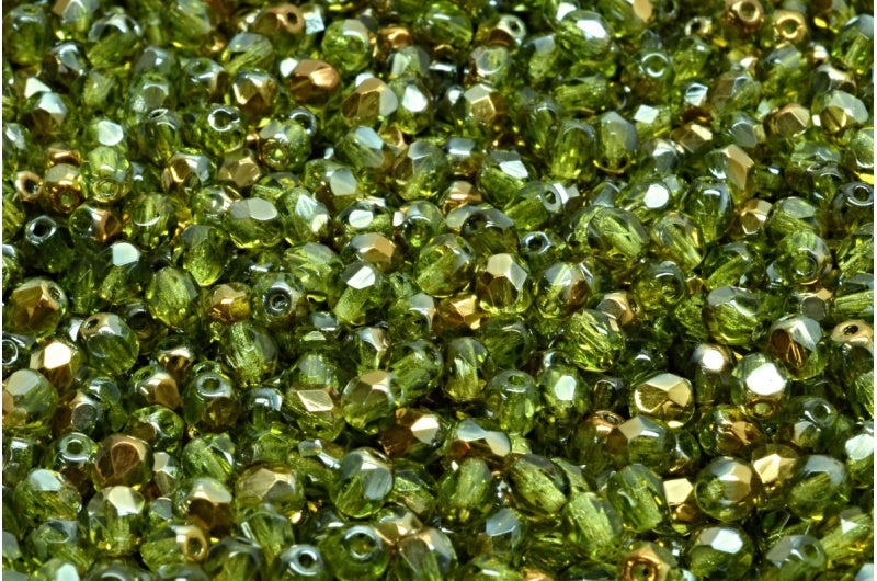 ファセット加工ビーズ ラウンド、透明グリーンクリスタルブロンズカプリ（50230-22601）、ボヘミアクリスタルガラス、チェコ共和国