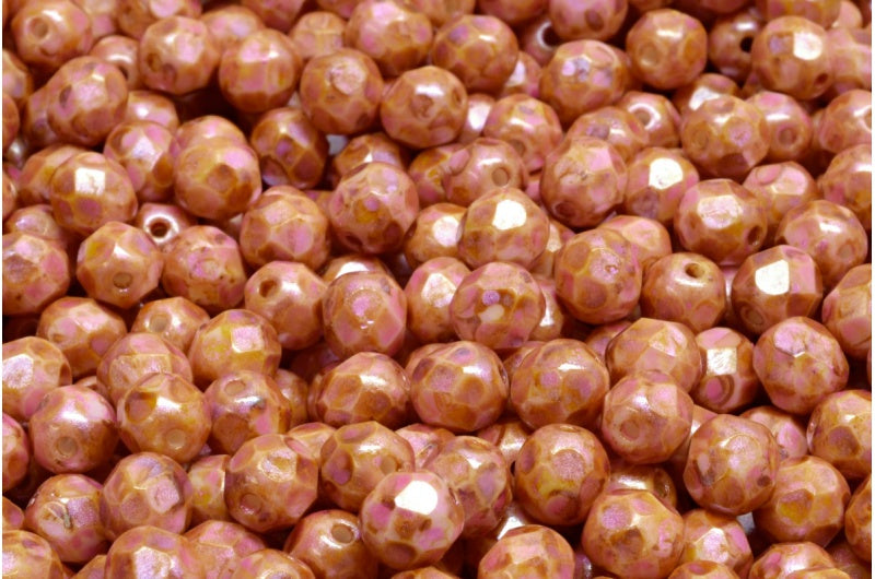 Fire Polish Faceted Round Beads 3mm, Chalk White Pink Beige Luster Spotted (03000-65323), Glass, Czech Republic