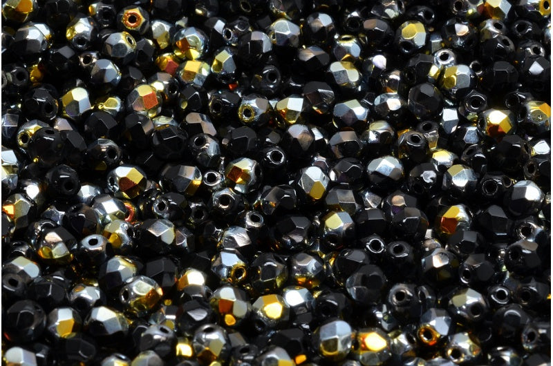 ファセット加工ラウンドビーズ、ブラックボルケーノ（23980-28001）、ボヘミアクリスタルガラス、チェコ共和国