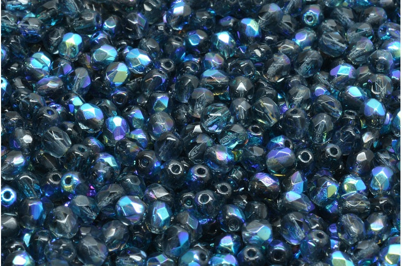Fire Polished Faceted Beads Round, Transparent Dark Blue Ab (30330-28701), Bohemia Crystal Glass, Czech Republic