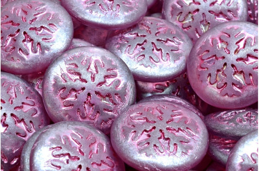 雪花凸圆形珠子，透明蓝色哑光粉色内衬 (30010-84100-54321)，玻璃，捷克共和国