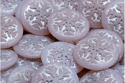 雪花凸圆形珠子，蛋白石粉色哑光银色内衬 (71111-84100-54301)，玻璃，捷克共和国