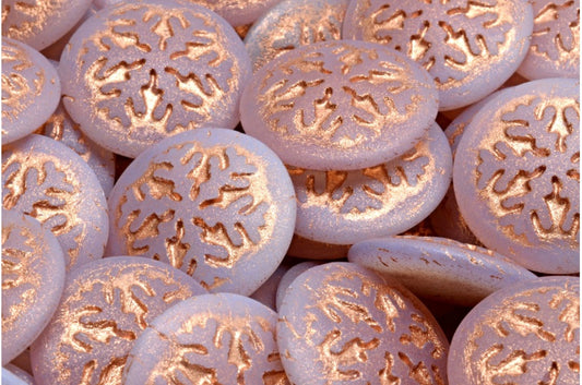 雪花凸圆形珠子，蛋白石粉色哑光铜内衬 (71111-84100-54318)，玻璃，捷克共和国