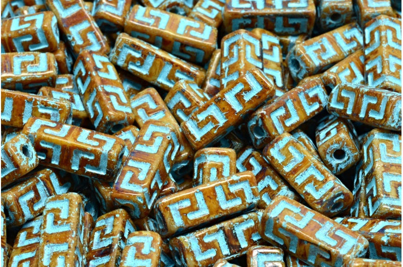 Celtic Block Beads, Beige Travertin Light Blue Lined (11111-86800-54308), Glass, Czech Republic