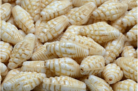 Miter Shell Beads, White Beige Lined (02010-54311), Glass, Czech Republic