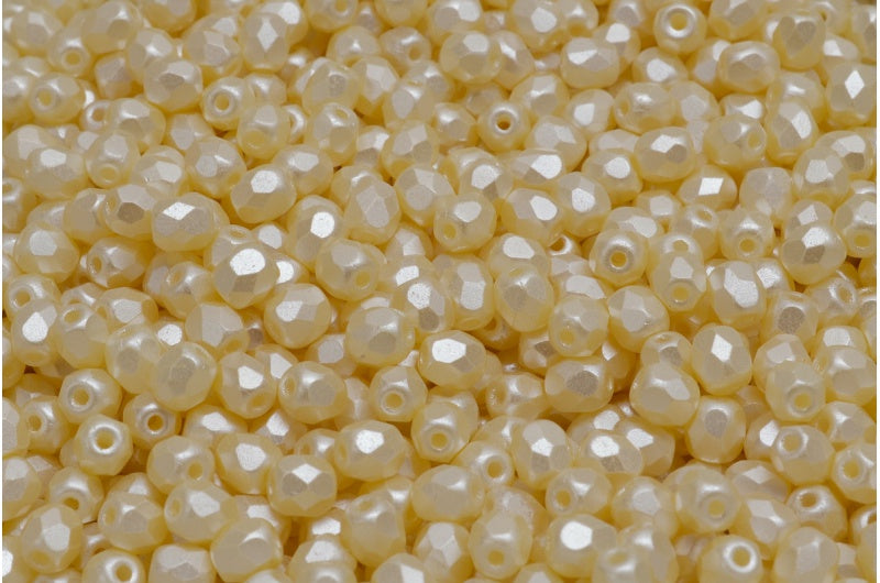 Fire Polish Faceted Round Beads 3mm, White Laser Etched Decor On Cream (02010-25039), Glass, Czech Republic