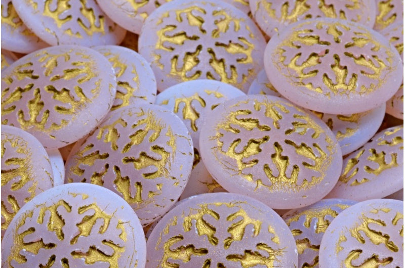 雪花凸圆形珠子，蛋白石粉色哑光金色内衬 (71111-84100-54302)，玻璃，捷克共和国