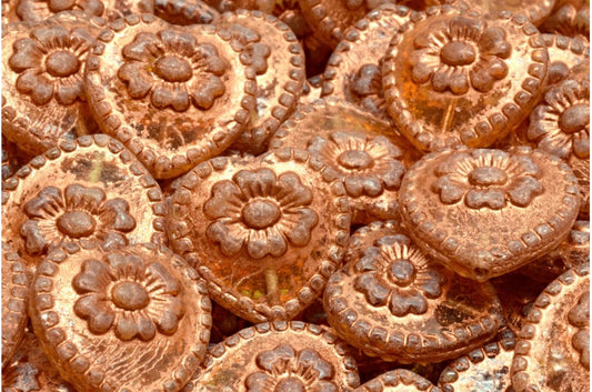 バラのハートビーズ、透明オレンジ銅線入り（10060-54319）、ガラス、チェコ共和国