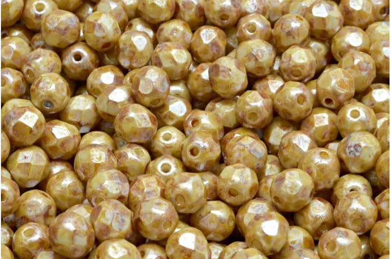 Fire Polished Faceted Beads Round, Chalk White Cream Luster Spotted (03000-65321), Bohemia Crystal Glass, Czech Republic